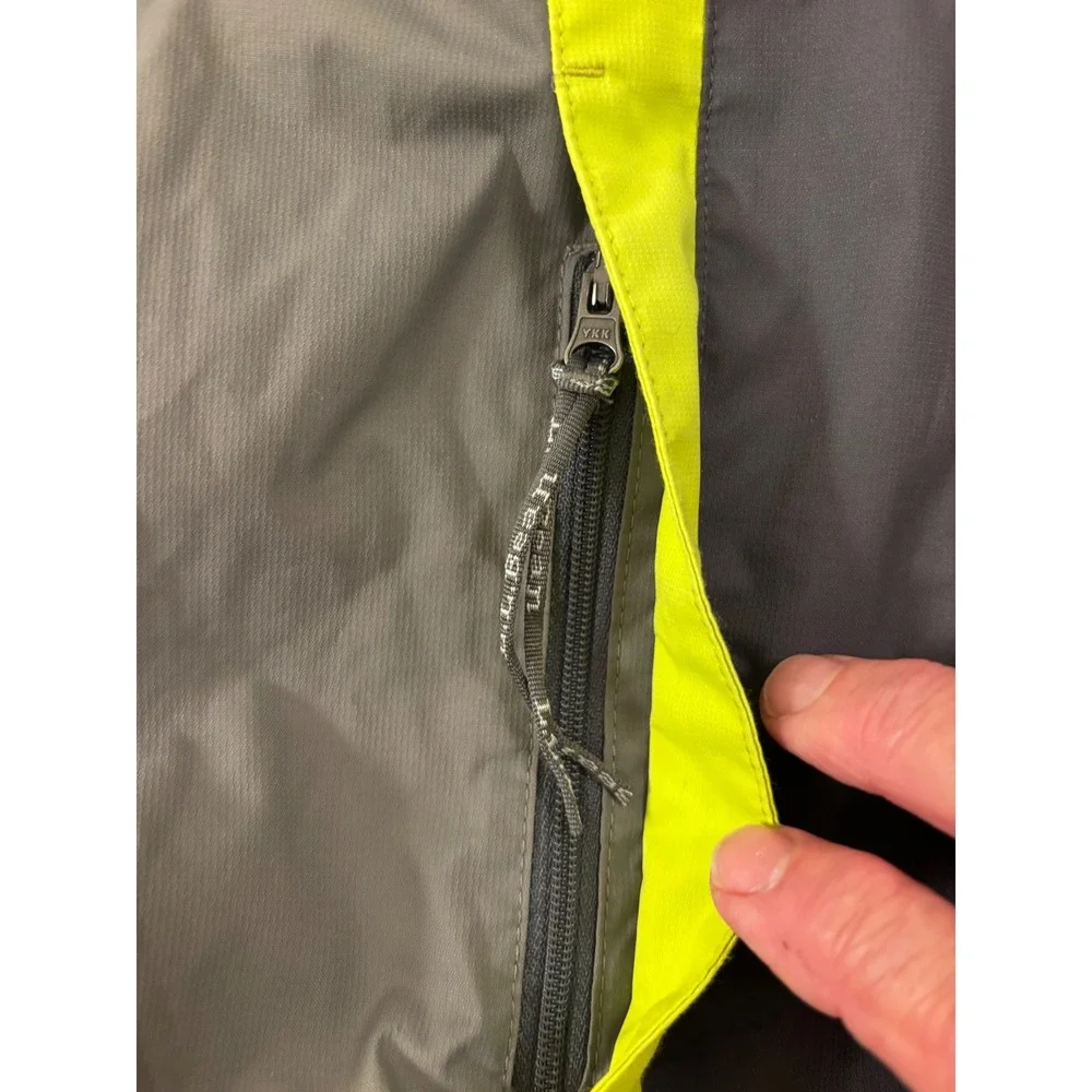 LL Bean Kids Rain Jacket Gray Lime Green Hooded Full Zip Coat Reflective SZ 5-6